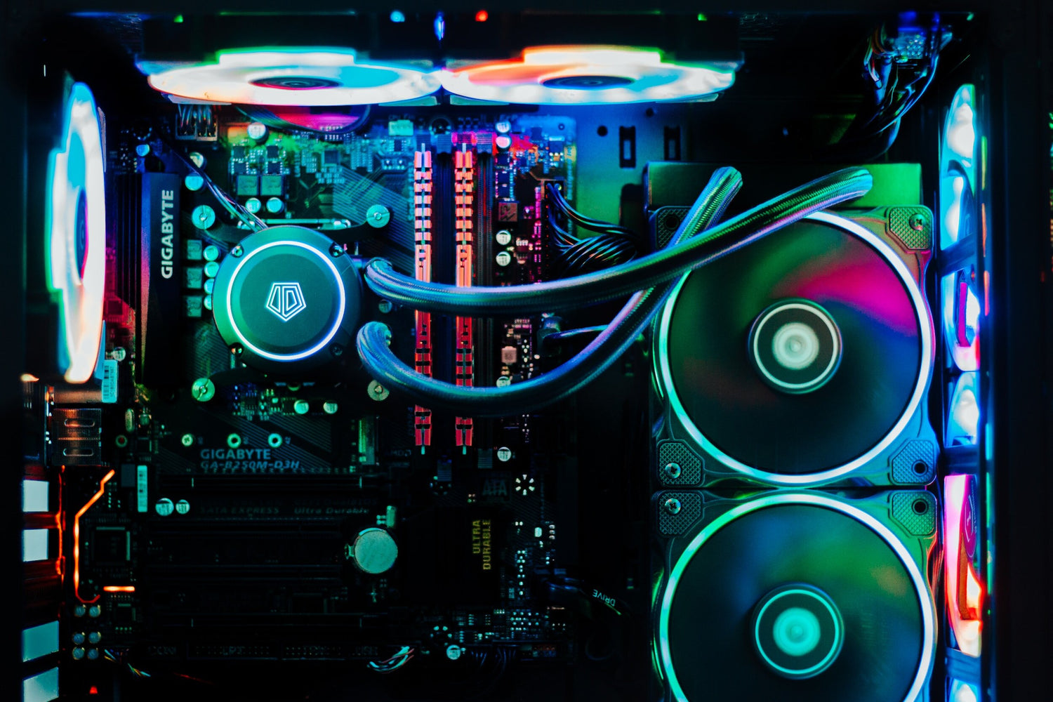 Interior of custom built PC with led and rgb lighting